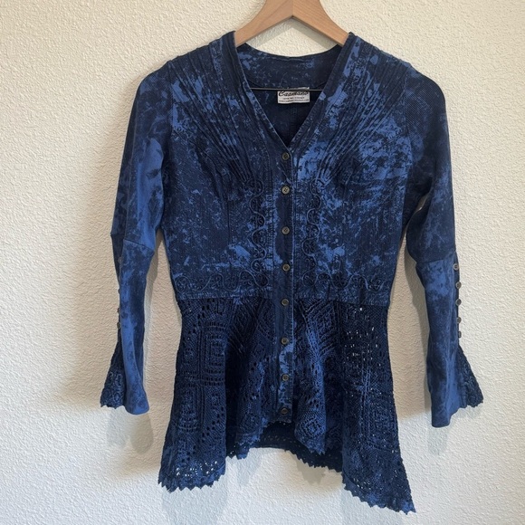 Caamana Sweaters Womens Small Button Down Blue Gothic Lace Top Grunge Y2K Eyelet - Picture 1 of 8